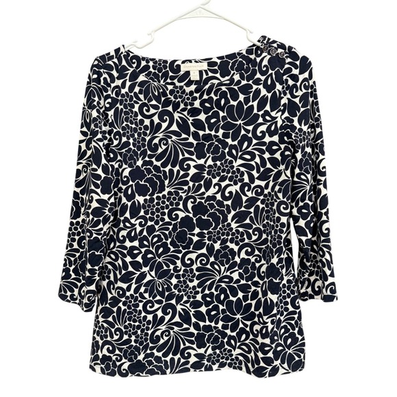 Charter Club Floral Blouse Top Navy White 3/4 Sleeve Buttons Women's Medium - Picture 1 of 6